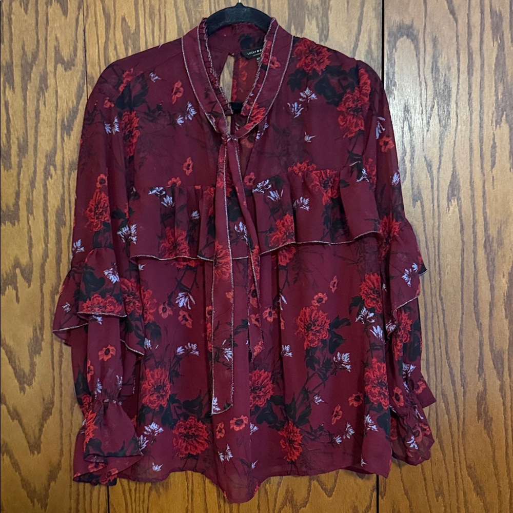 Lucky Brand Burgundy Floral Ruffle Blouse